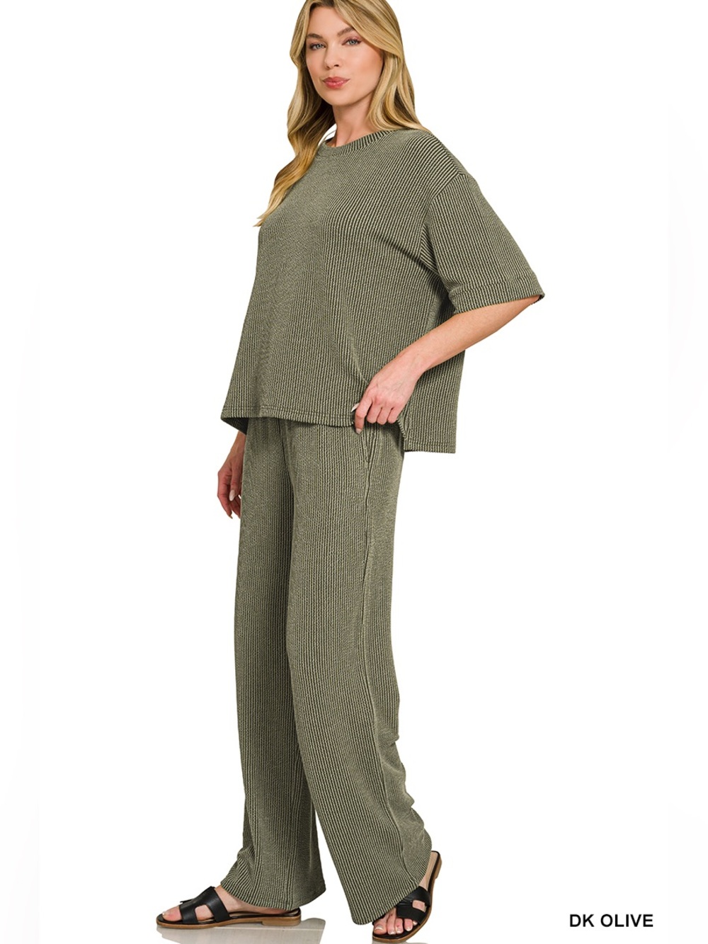 Zenana RAISED RIB SHORT SLEEVE TEE & PANTS SET - Picture 2 of 3